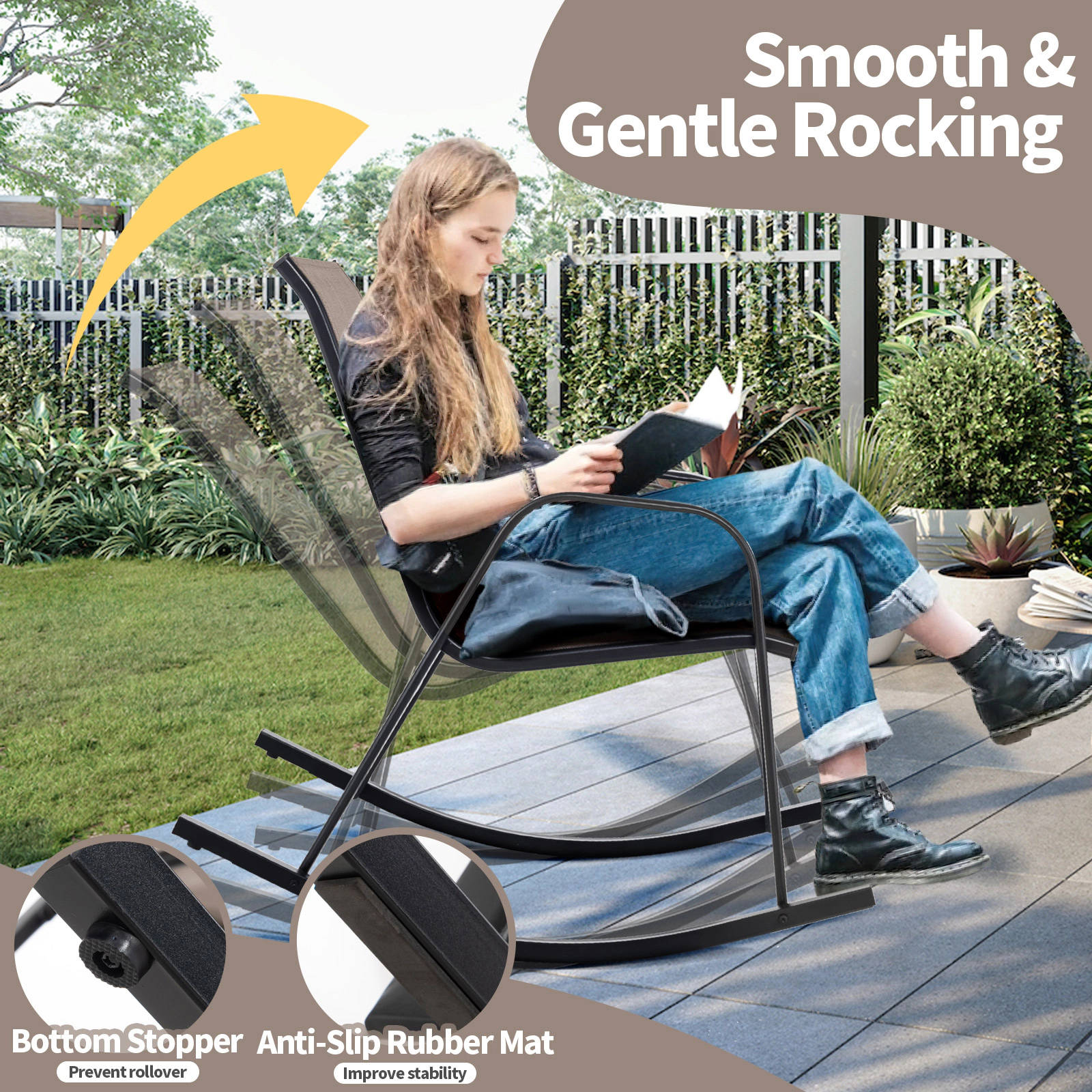 LJG Set of 2 Metal Patio Rocking Chair with Breathable Seat Fabric