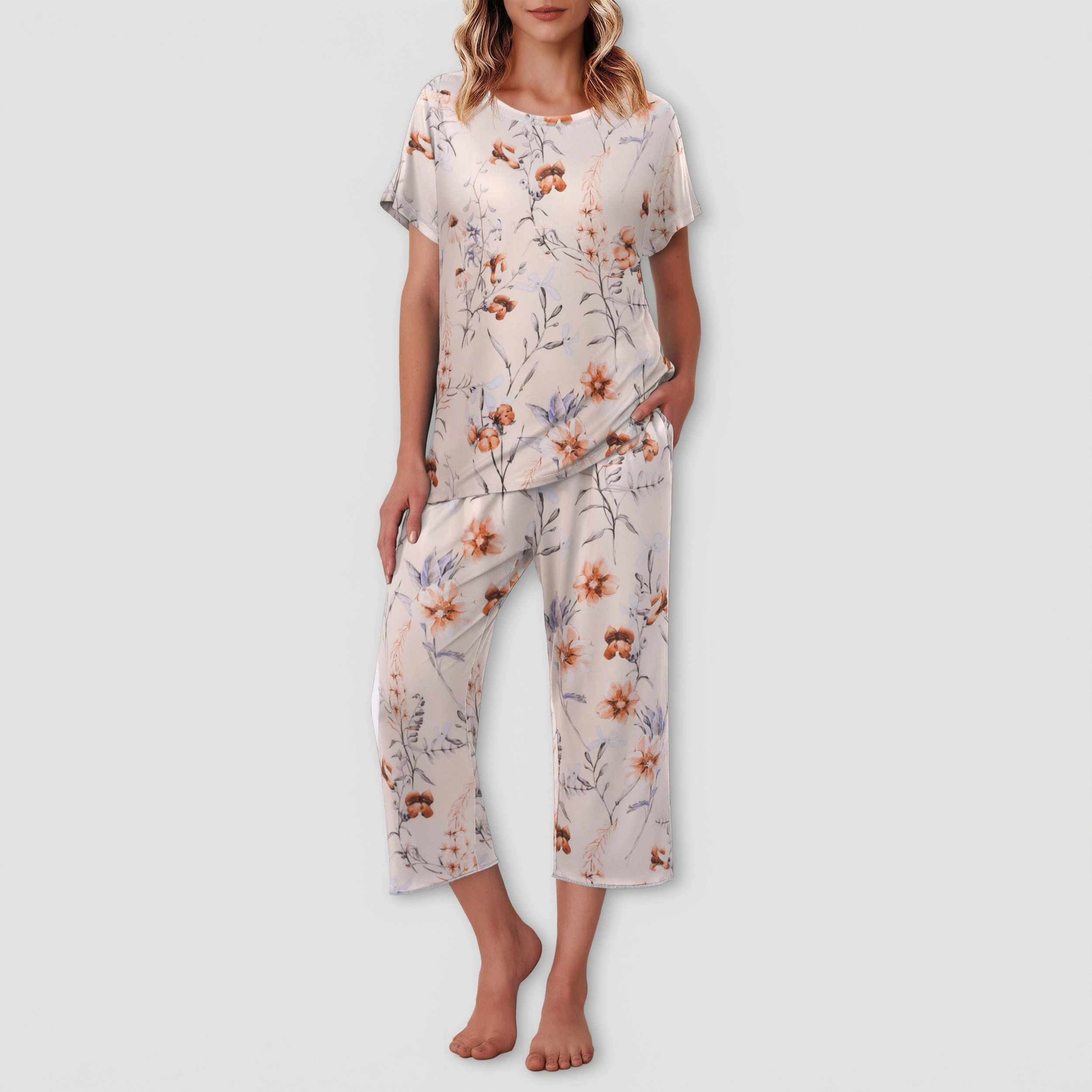 Ekouaer Womens Capri Pajama Sets Short Sleeve Sleepwear Top and Pants Loungewear with Pocket