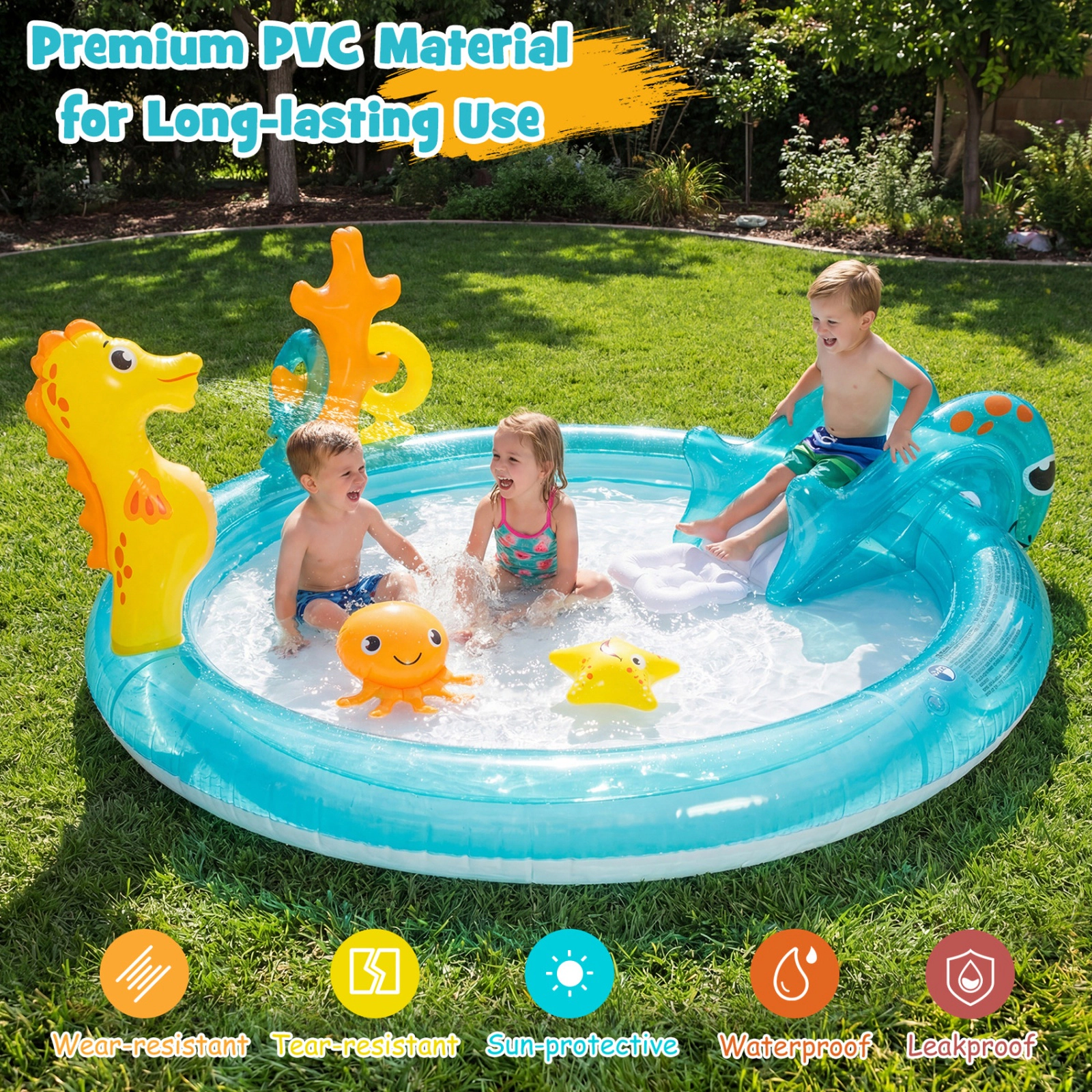 SUGIFT Inflatable Water Park Kids Spray Pool with Slide Seahorse Sprinkler and Ring Toss