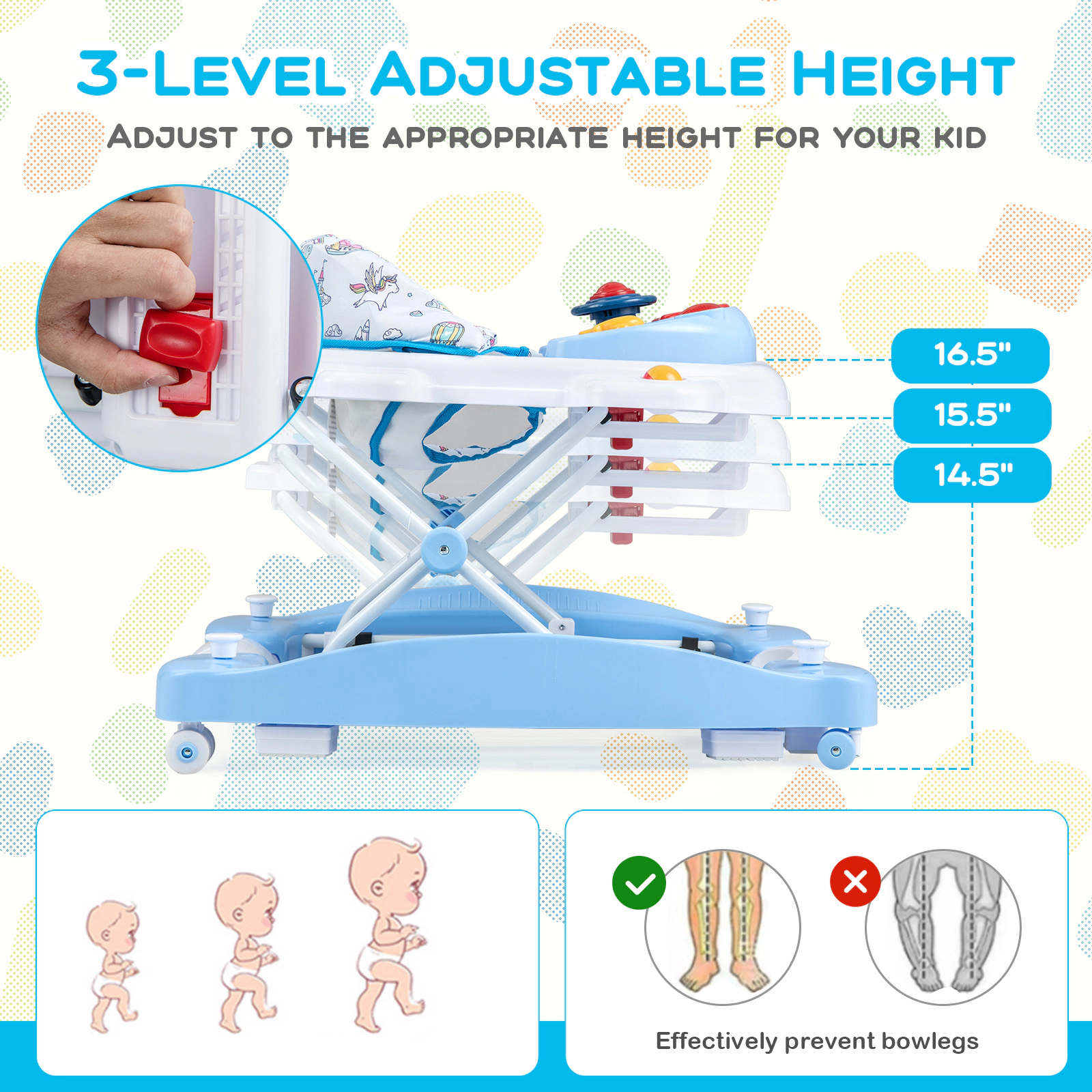 6-in-1 Foldable Baby Walker with Wheels 3 Adjustable Heights Music Tray and Washable Seat for Boys and Girls in Blue