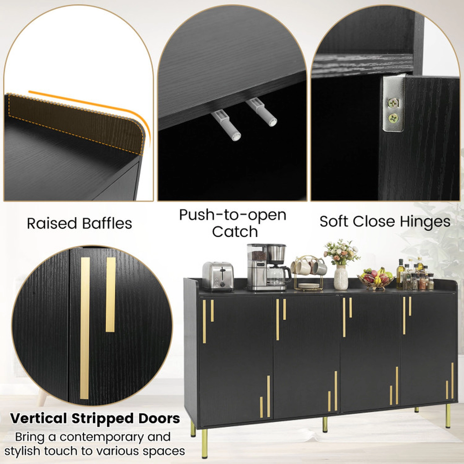 SUGIFT 55-in Buffet Cabinet Sideboard with 4 Doors and 5 Metal Legs 100-lb Top Capacity 72-lb Net Weight Black/White