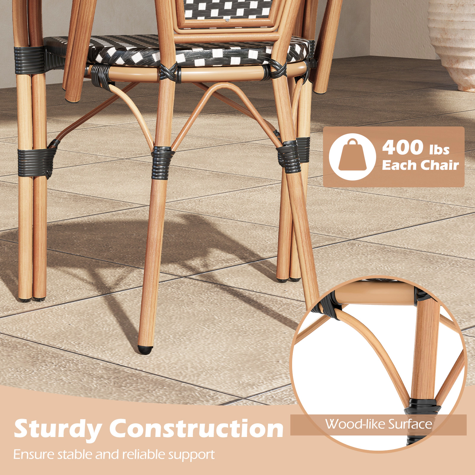 SUGIFT Hand-Woven PE Wicker Outdoor French Bistro Dining Chairs Set of 2 400-lb Capacity Black and White