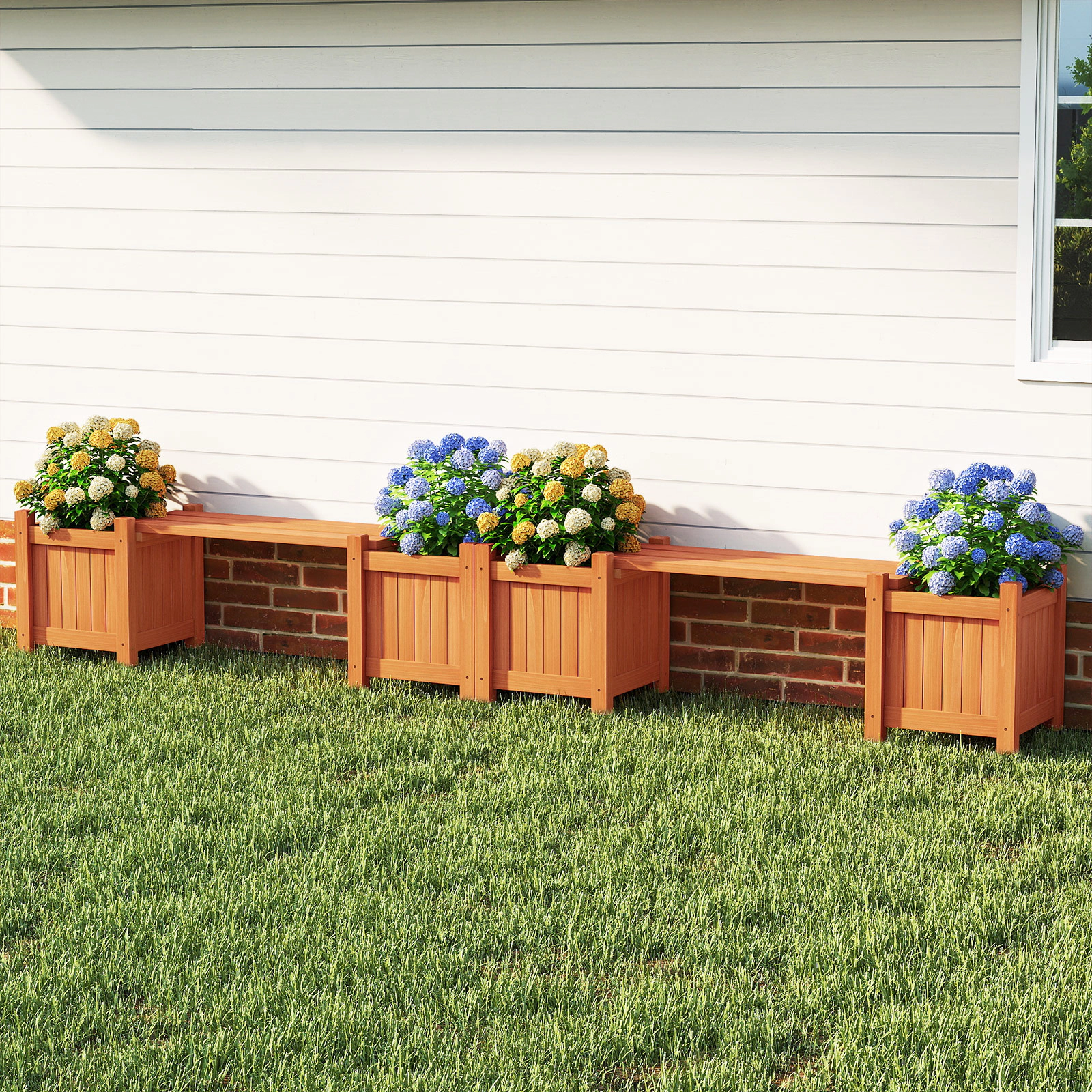 LJG 3-in-1 Outdoor Planter Box with Bench 2-Person Outdoor Bench with 2 Side Garden Beds
