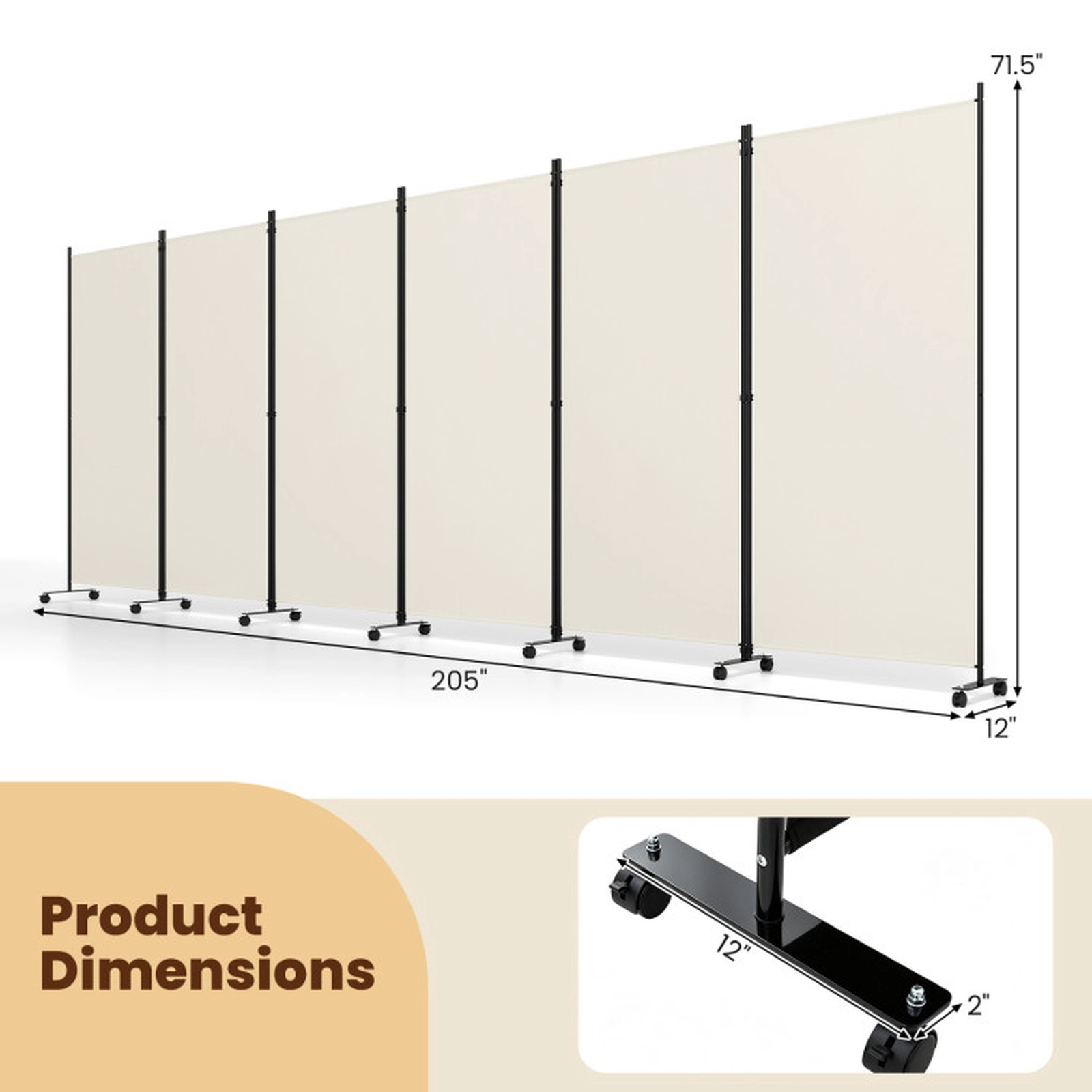 SUGIFT 6-Panel Folding Privacy Screen Room Divider with Wheels 71.5-in Tall Black/ Coffee