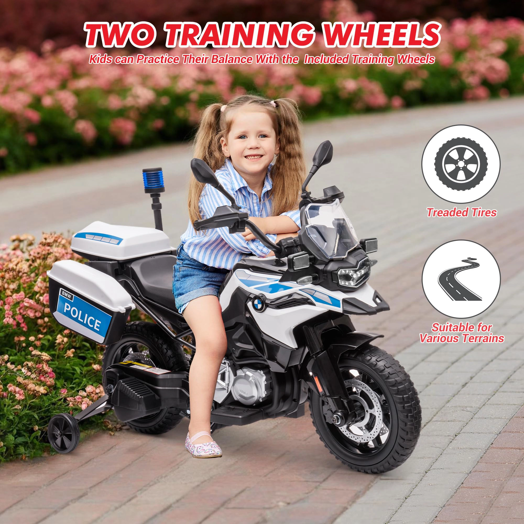 12V Licensed BMW Police Motorcycle for Kids, Ride On Bike w/High-Low Speed, LED Lights, 2 Storage Boxes & Suspension