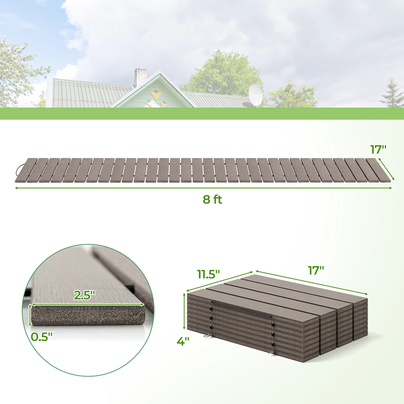 SUGIFT 8-Ft Gray HDPE Roll Up Garden Pathway with 32 Slats and Metal Wire Connection 95-in W 17-in D 0.5-in H