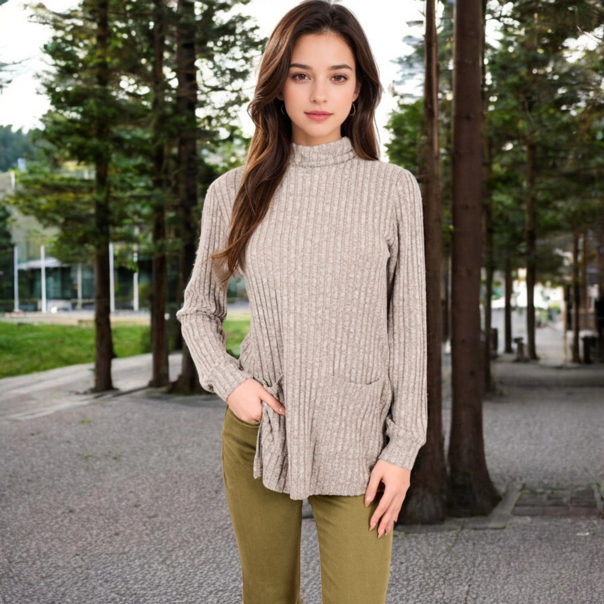 Anna-Kaci Women's Ribbed Knit Turtleneck Tunic Sweater with Front Pockets