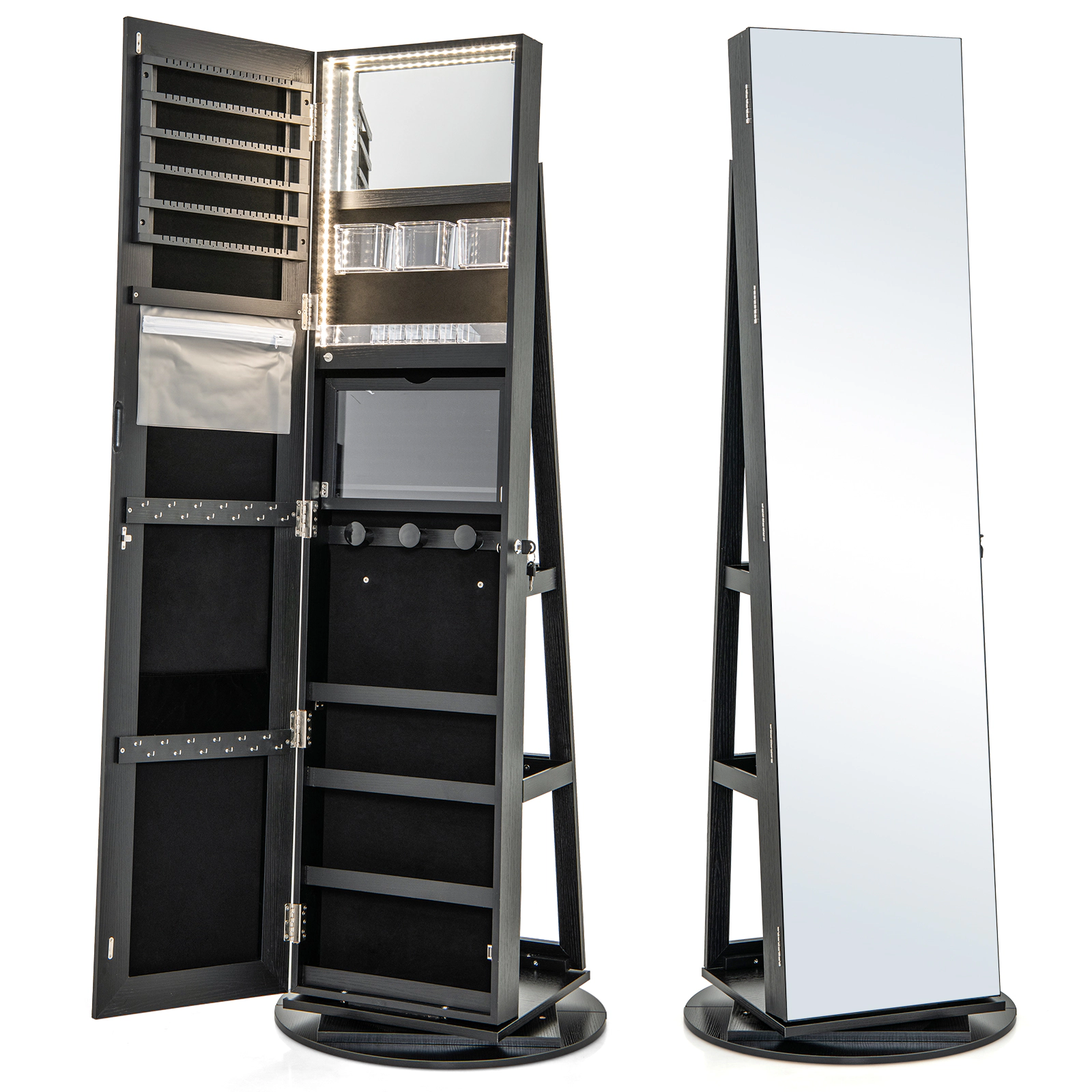 SUGIFT Black Lockable Jewelry Cabinet Armoire with Vanity Mirror 360-Degree Swivel Base and Makeup Shelf
