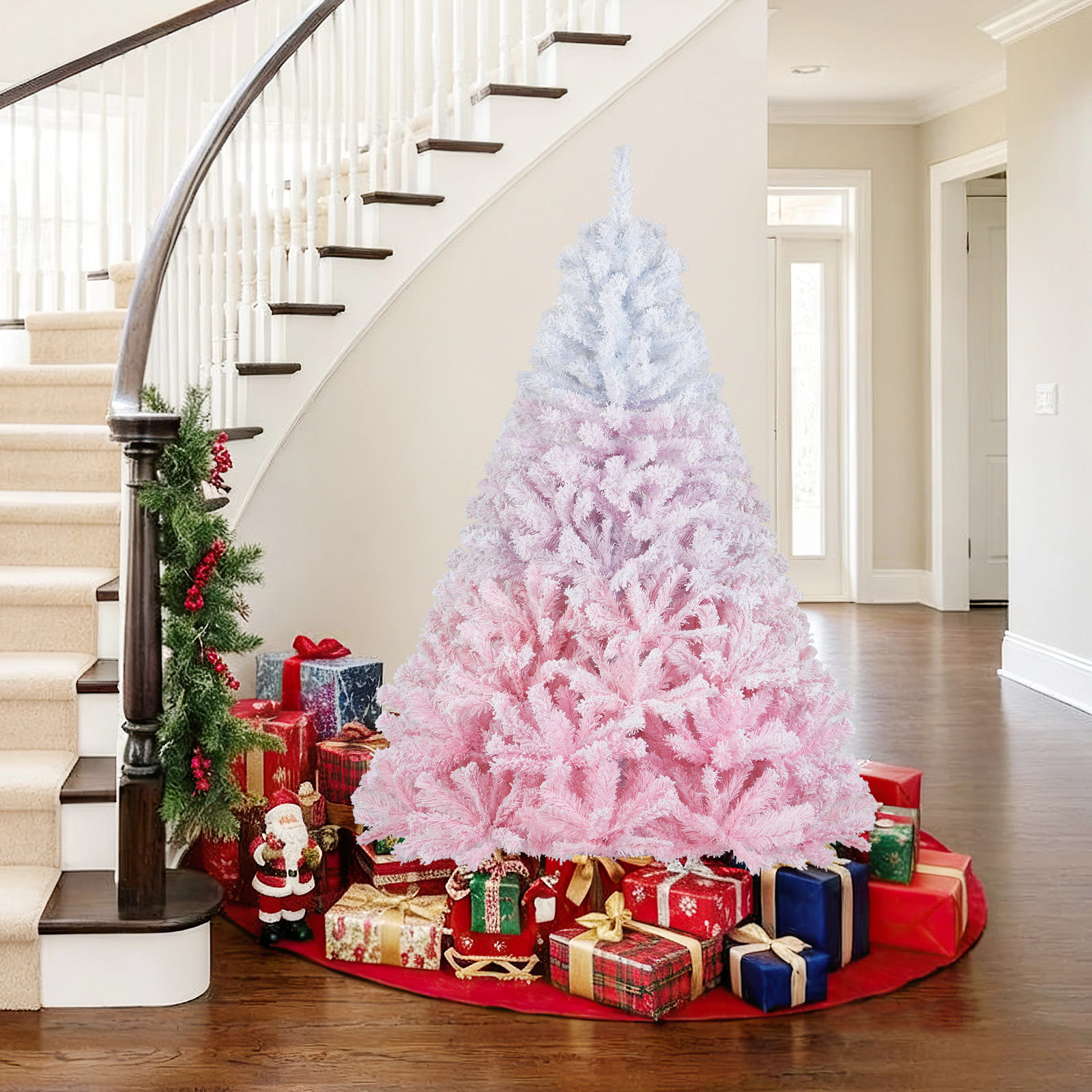 SUGIFT Gradient Flocked Artificial Christmas Tree with Folding Metal Stand 456 Branch Tips 6-ft White & Pink