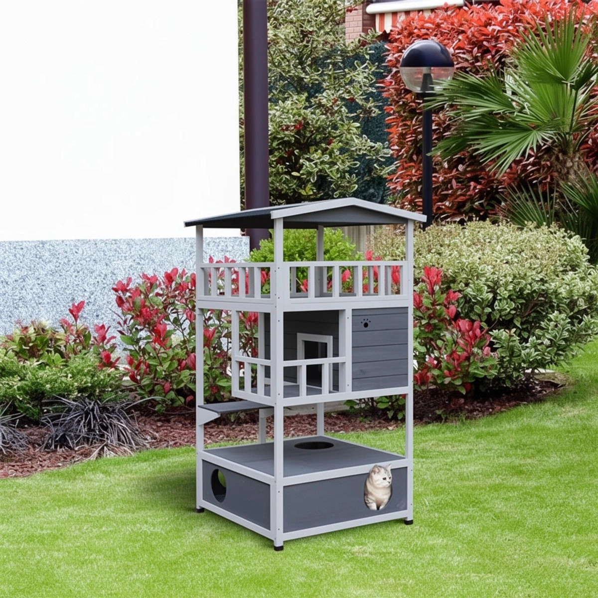 212 Main PawHut Wooden Outdoor Cat House & Feral Cat Shelter Kitten Tree with Asphalt Roof, Gray