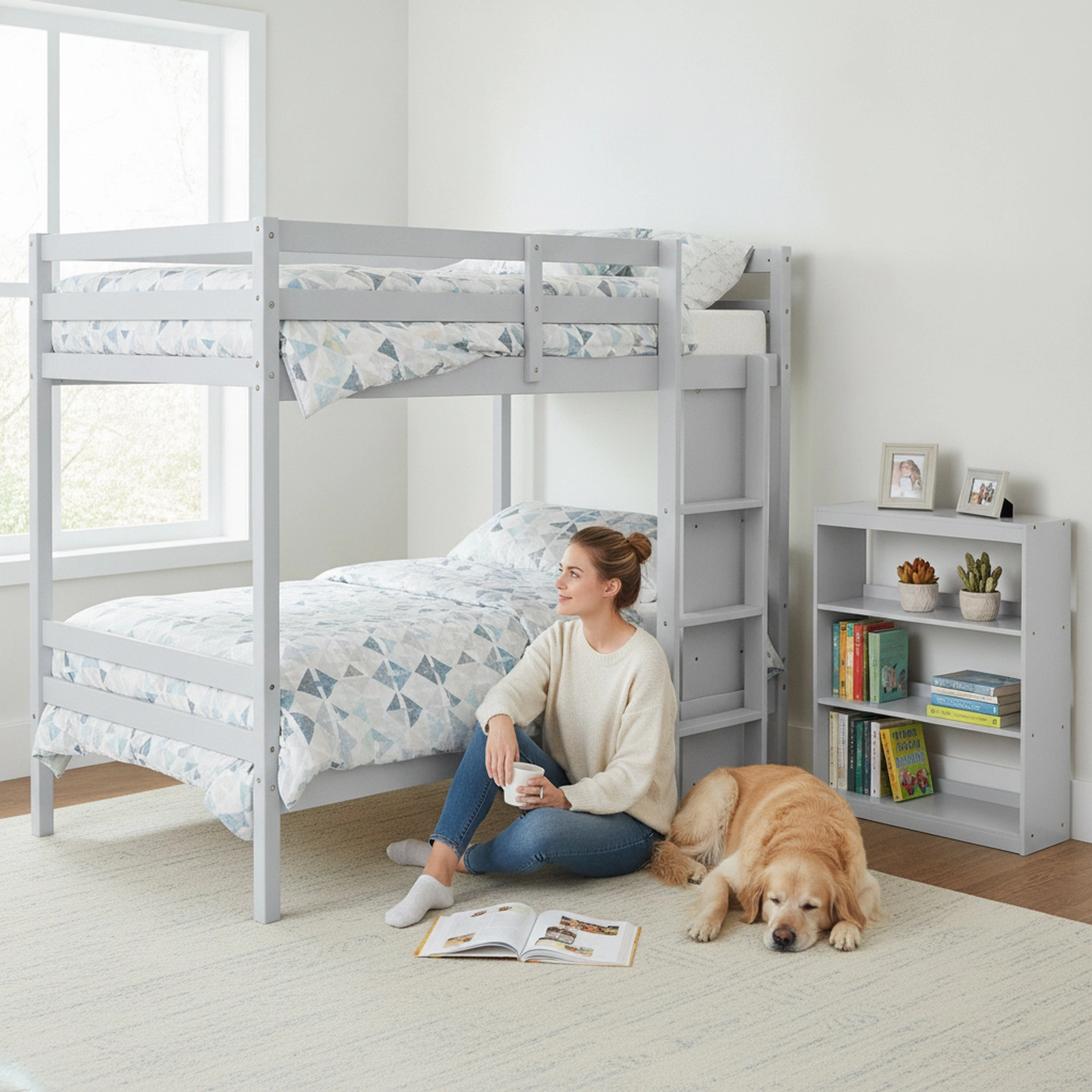 SUGIFT Twin-Over-Twin Loft Bunk Bed with 4-Tier Bookcase, Gray