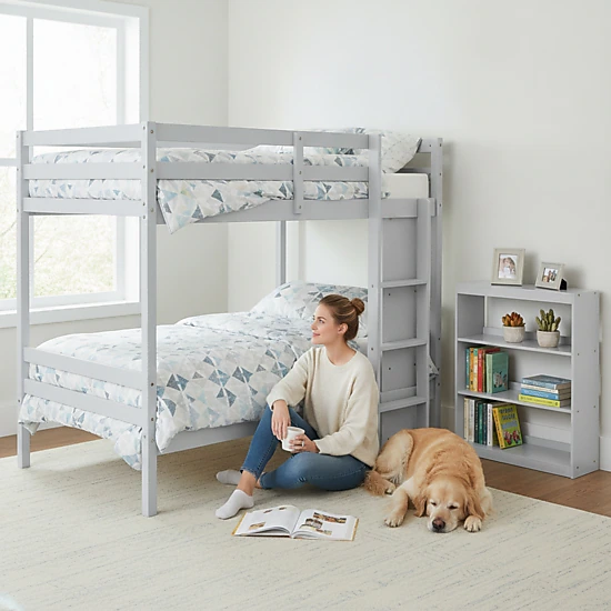 SUGIFT Twin-Over-Twin Loft Bunk Bed with 4-Tier Bookcase, Gray