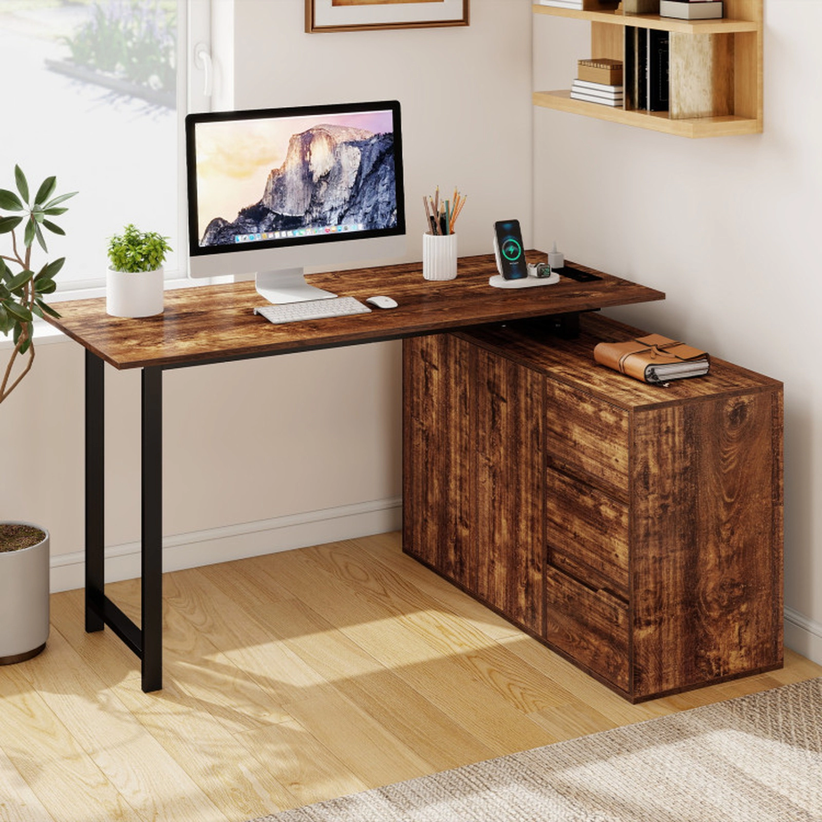 SUGIFT 220-lb Capacity Rustic Brown Reversible L-Shaped Desk with File Cabinet 3 Drawers and Power Outlet