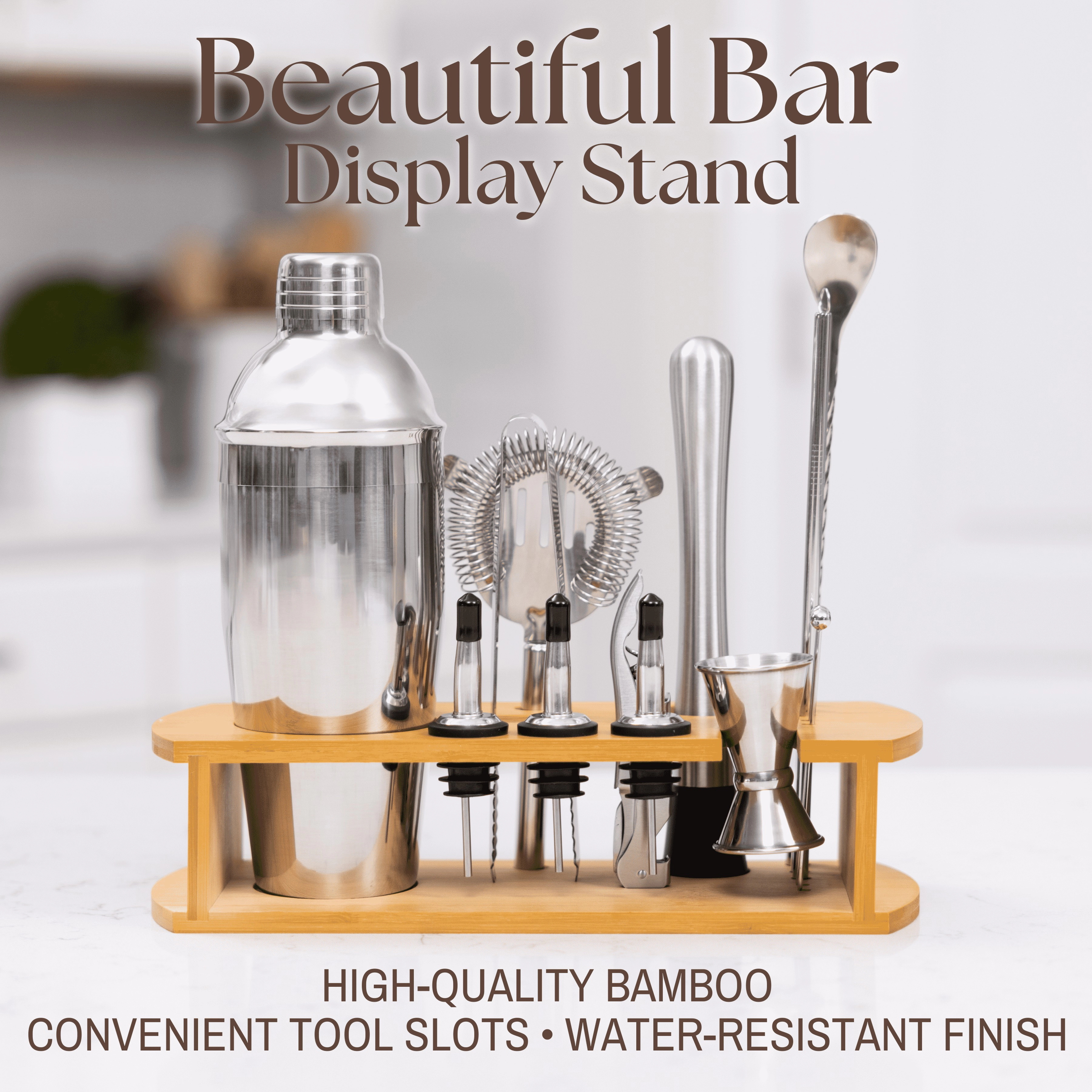 Luminuxe Cocktail Shaker Set Bartender Kit w Stylish Bamboo Stand 16 Piece Barware Mixing Tools, Bartending Kit Gift Set