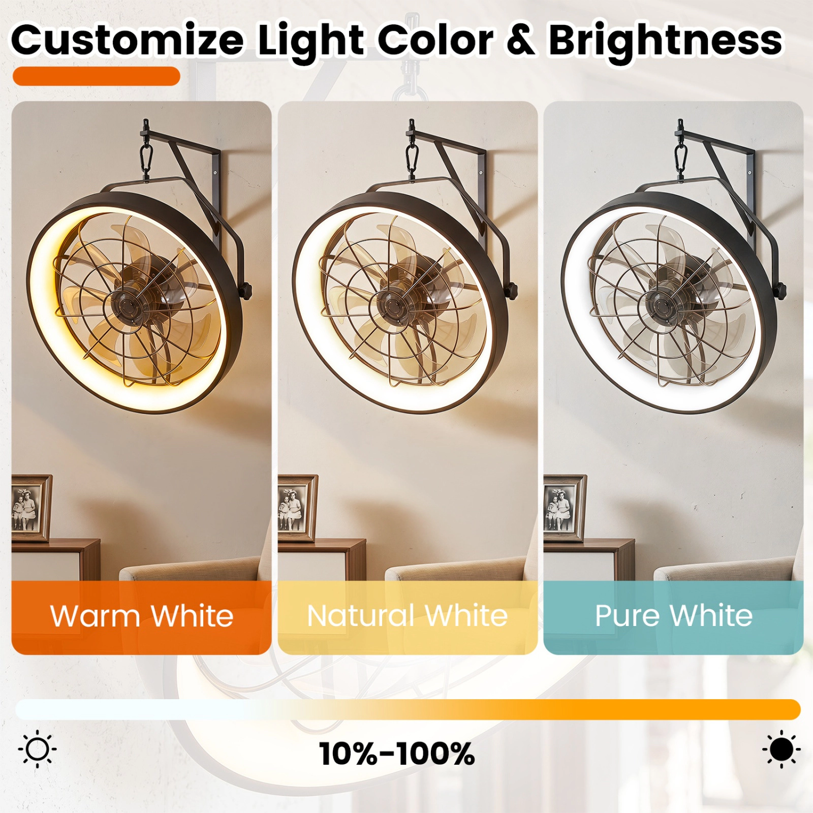 SUGIFT 20-in 6-Speed 180 Degree Adjustable Black Wall Mounted Fan with 3CCT Dimmable LED Light and Timer