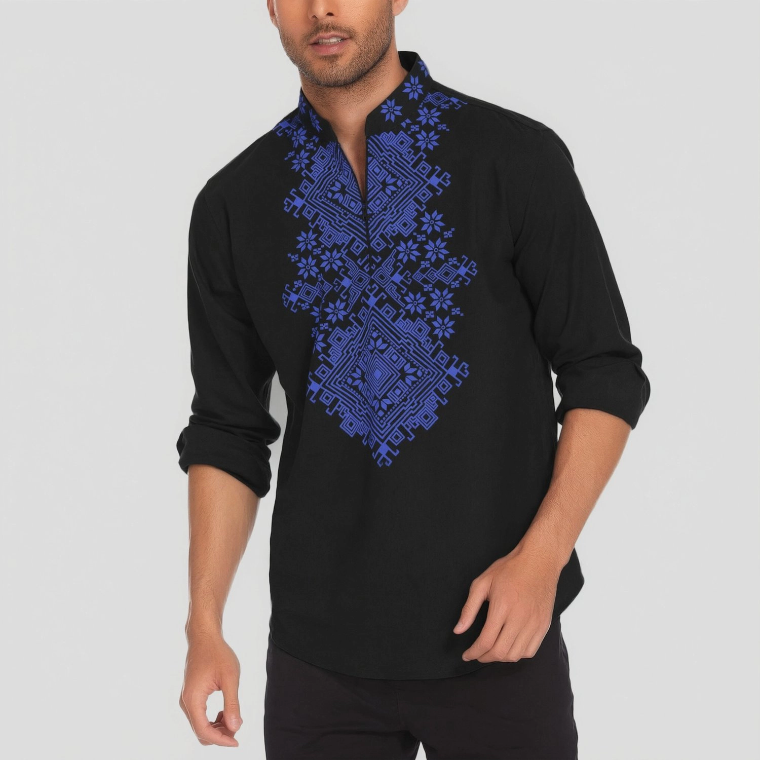 COOFANDY Mens Boho Long Sleeve Henley Shirt Stand V Neck Ethnic Print Casual Tops