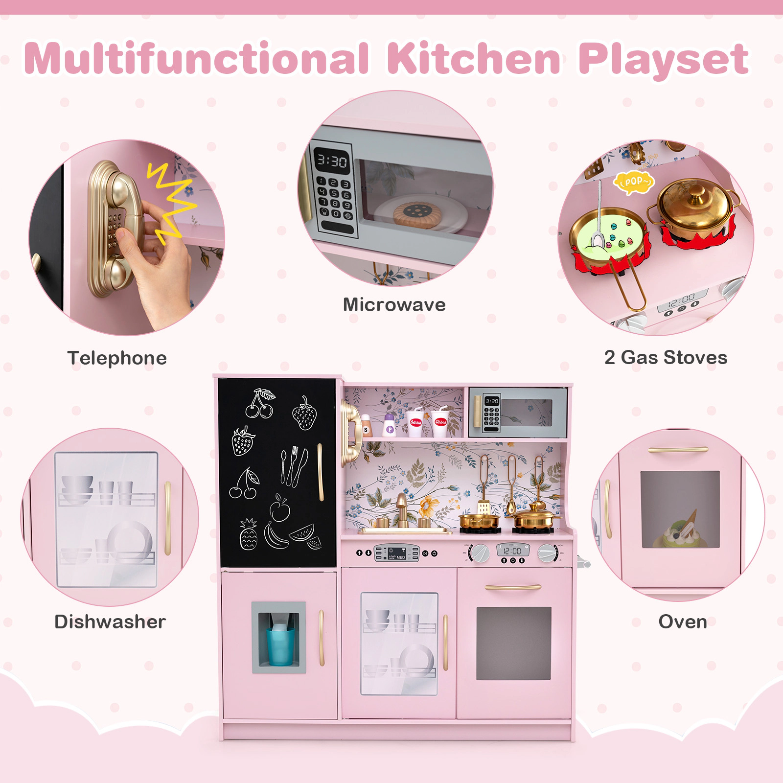 Light Pink Kitchen Playset Stove Cookware Lift-Out Sink Towel Rack 32-in Kitchen Play Set Blackboard Ages 3-6