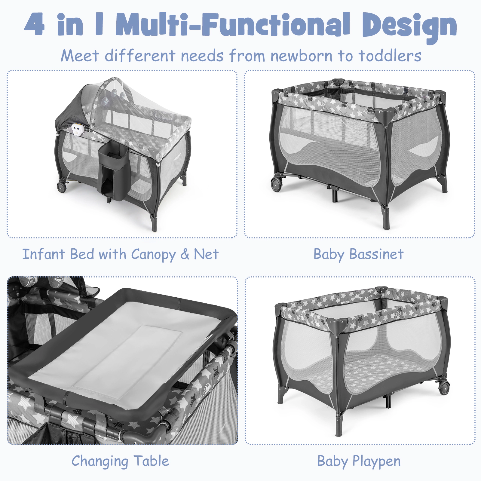 SUGIFT 4-in-1 Portable Baby Playard Playpen with Changing Table Bassinet Canopy Net and Music Box
