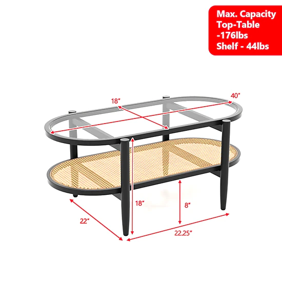 Hivvago Acacia Wood Coffee Table with Clear Glass Top and Lower Storage Shelf