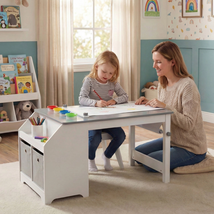 Hivvago Kids Art Table And Stool Set Toddler Activity Desk With Paper Roll And 4 Paint Cups For Drawing Learning