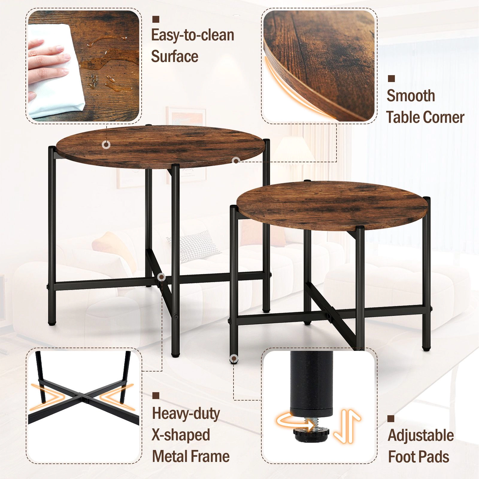 SlickBlue Round Coffee Tables Set of 2 with Metal Frame
