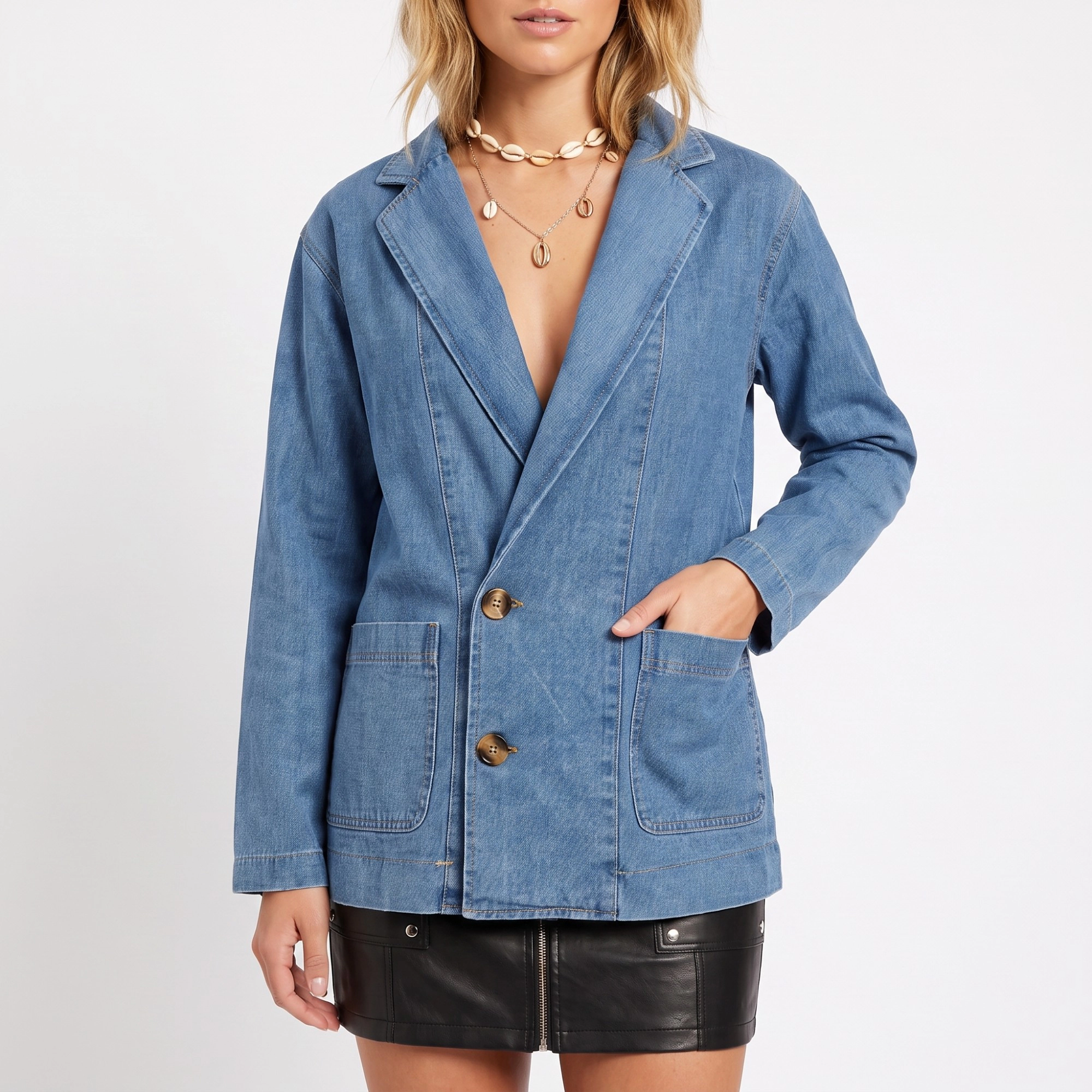 Anna-Kaci Women's Denim Blazer Jacket Long Sleeve Button Front Jean Coat