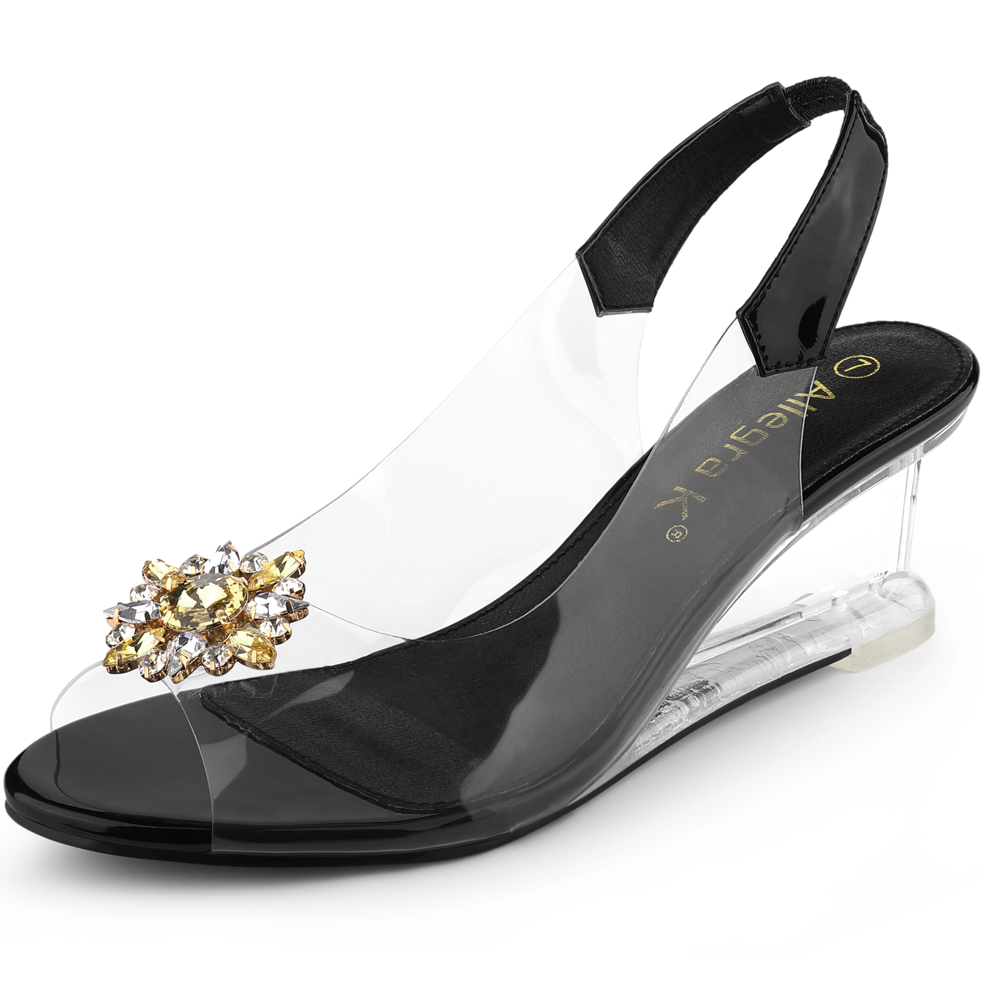 BLISSFUL STEP Women's Clear Slingback Wedges Rhinestone Peep Toe Heels