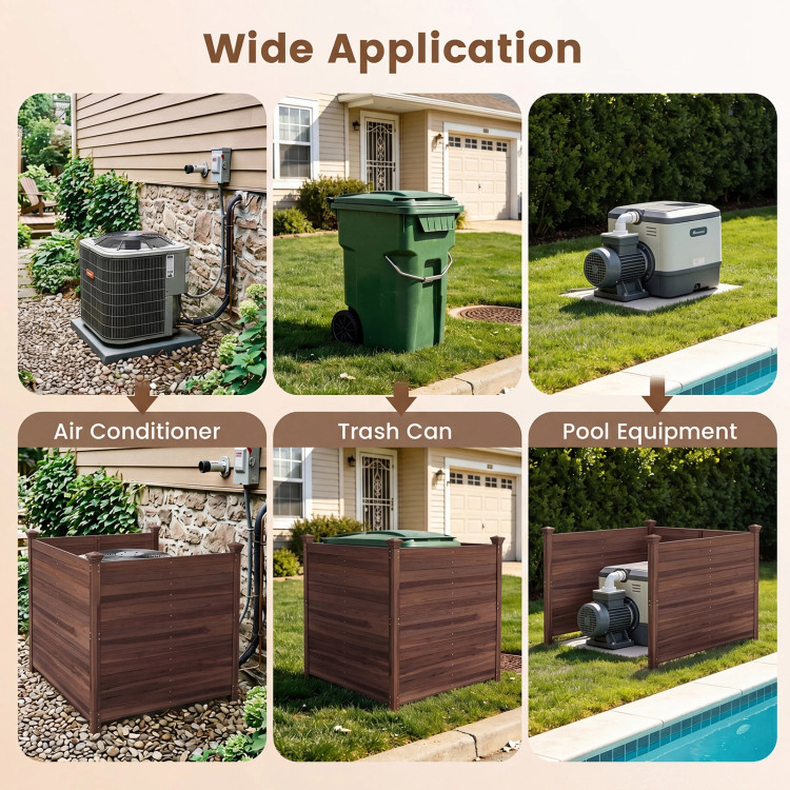 SUGIFT Brown 3-Panel Fir Wood Outdoor Privacy Air Conditioner Fence with 3 12-in Metal Ground Stakes