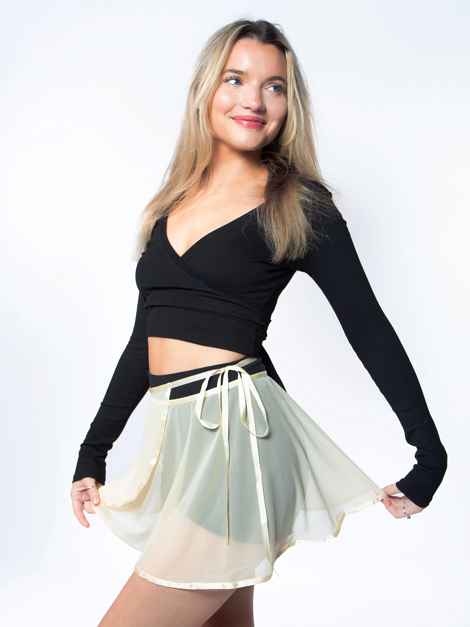 JESS by Meiko Women's Ballerina Sheer Tie Waist Satin Trim Mini Wrap Skirt