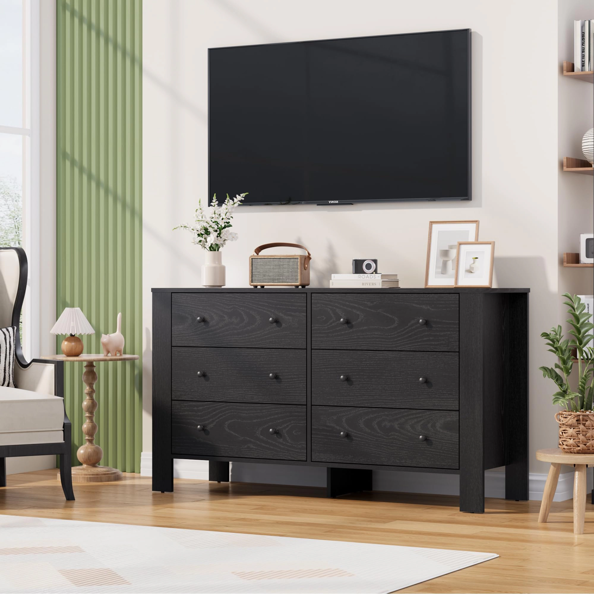 6 Drawer Modern Dresser with Metal Knobs, 50" Wide Large Wood Storage Chest for Bedroom Living Room