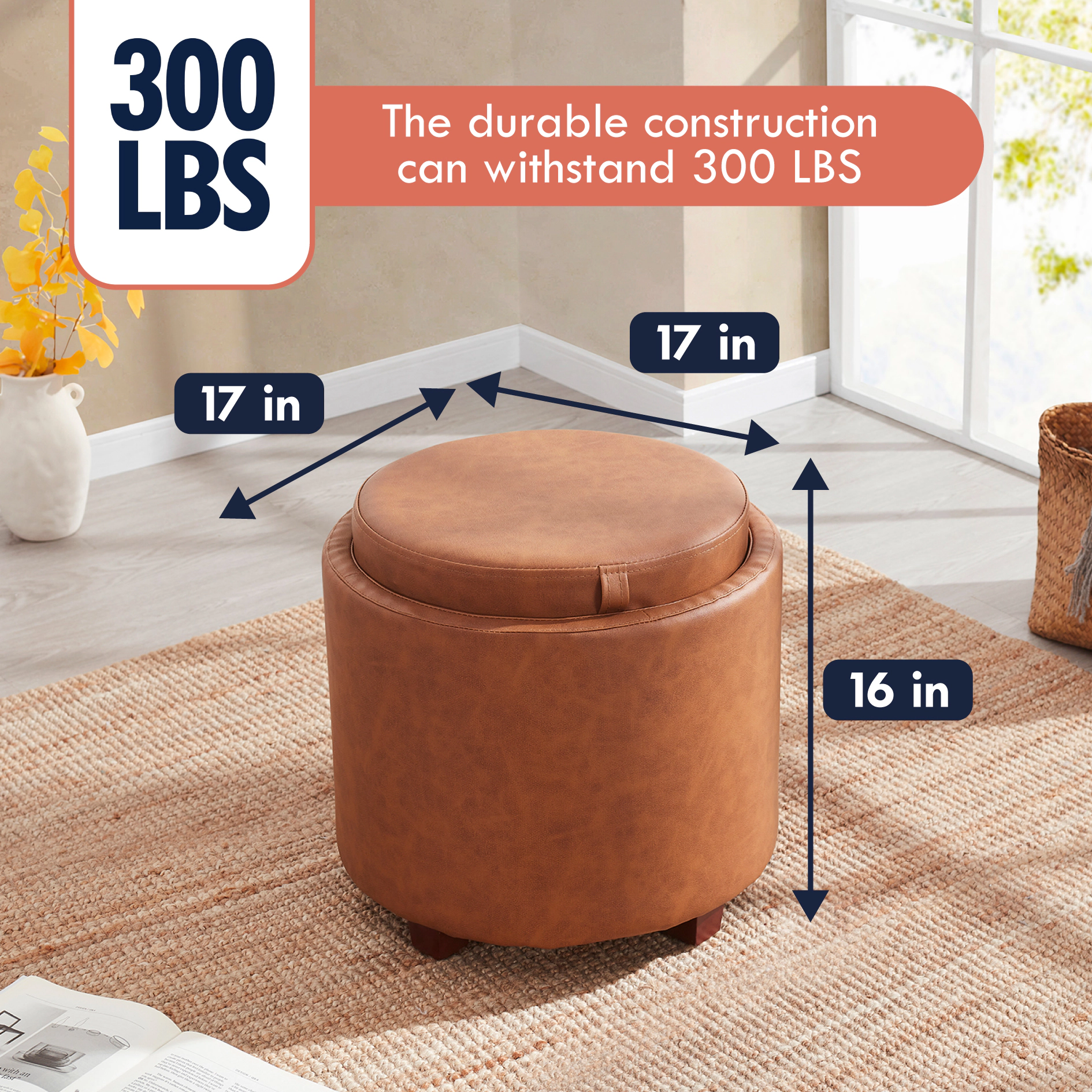 Ornavo Home Round Faux Leather Storage Ottoman with Table Top Lid
