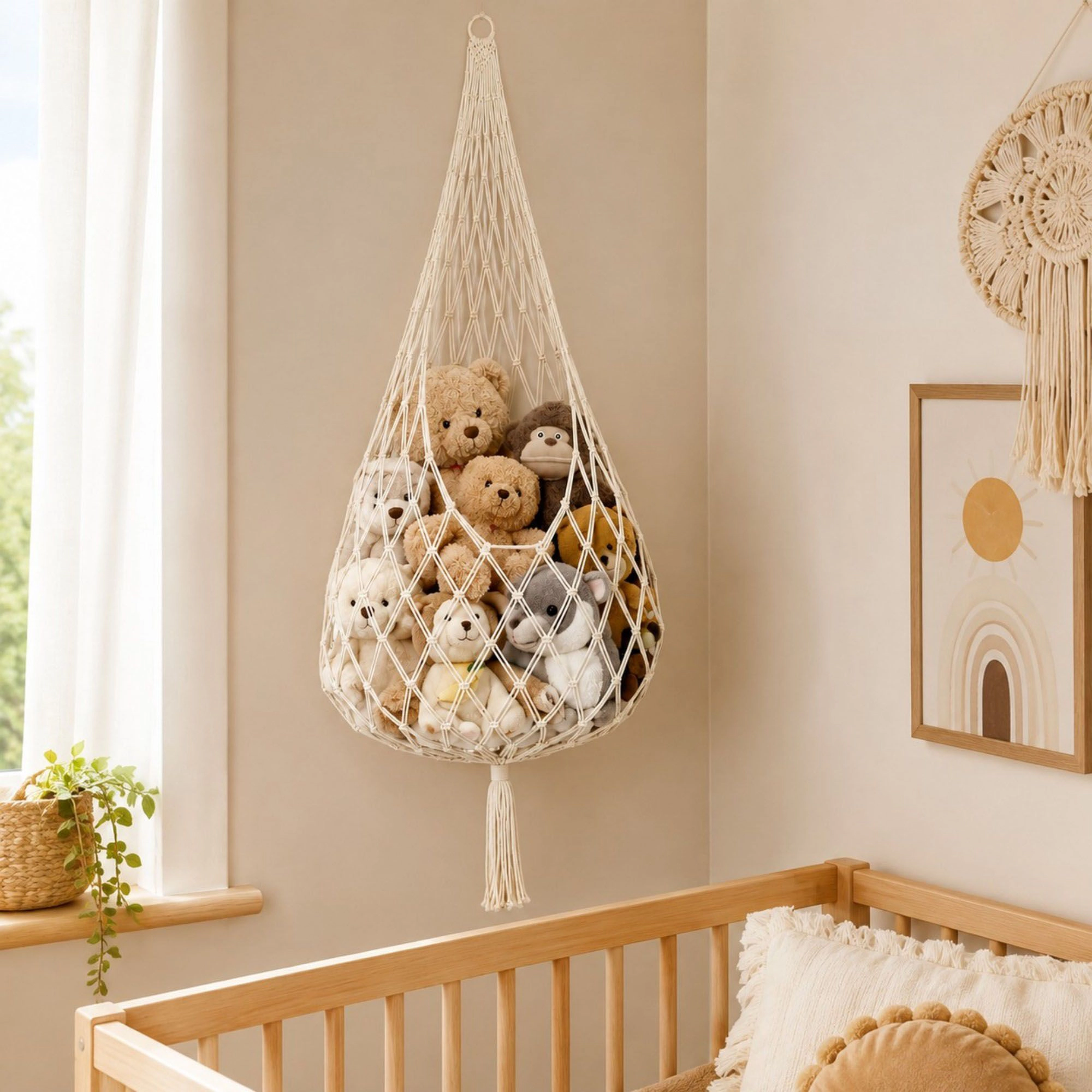 Alilang Unisex Macrame Hanging Stuffed Animal Storage Net Cotton Rope Corner Organizer