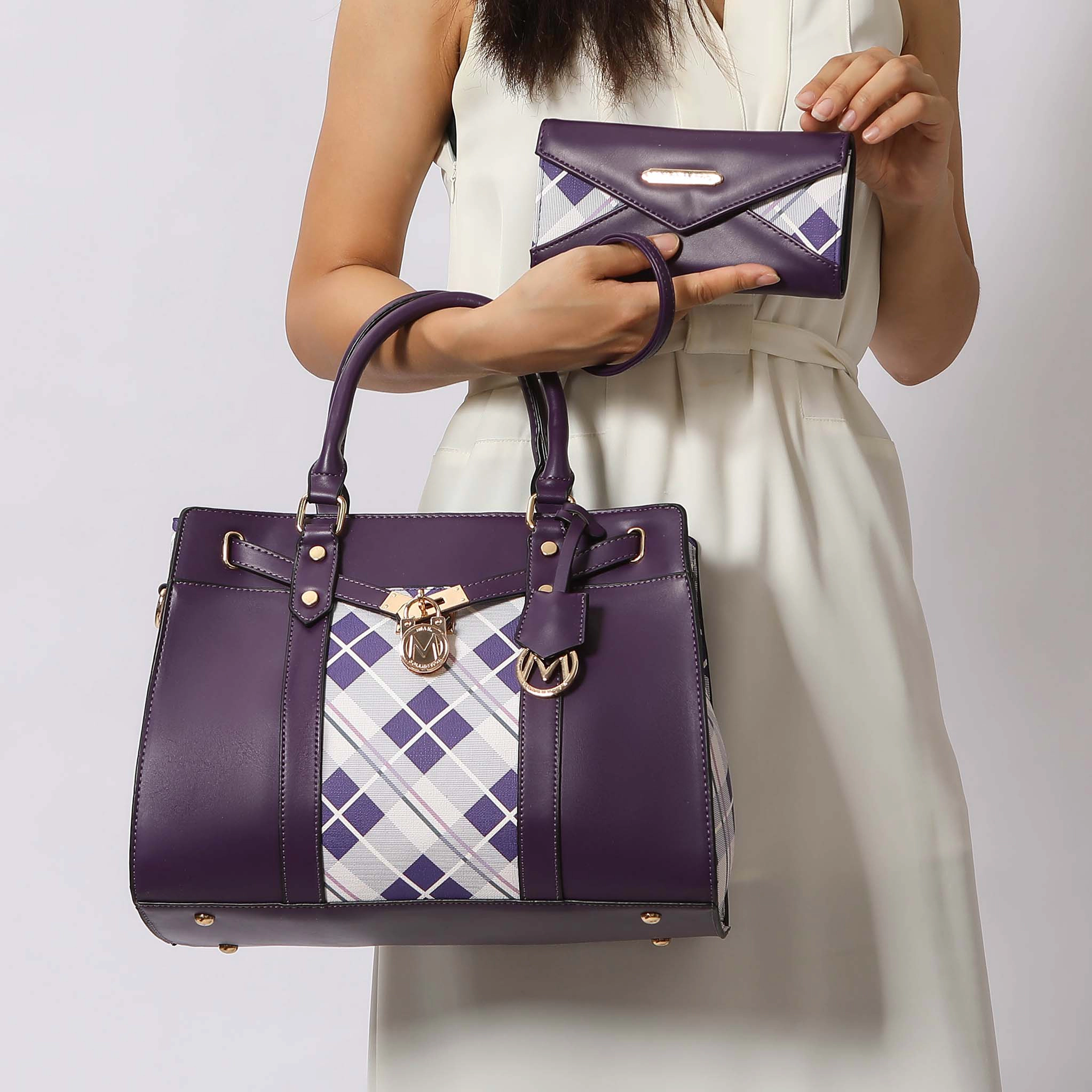 MKF Collection Christine Plaid Vegan Leather Satchel with Wristlet Wallet - Purple