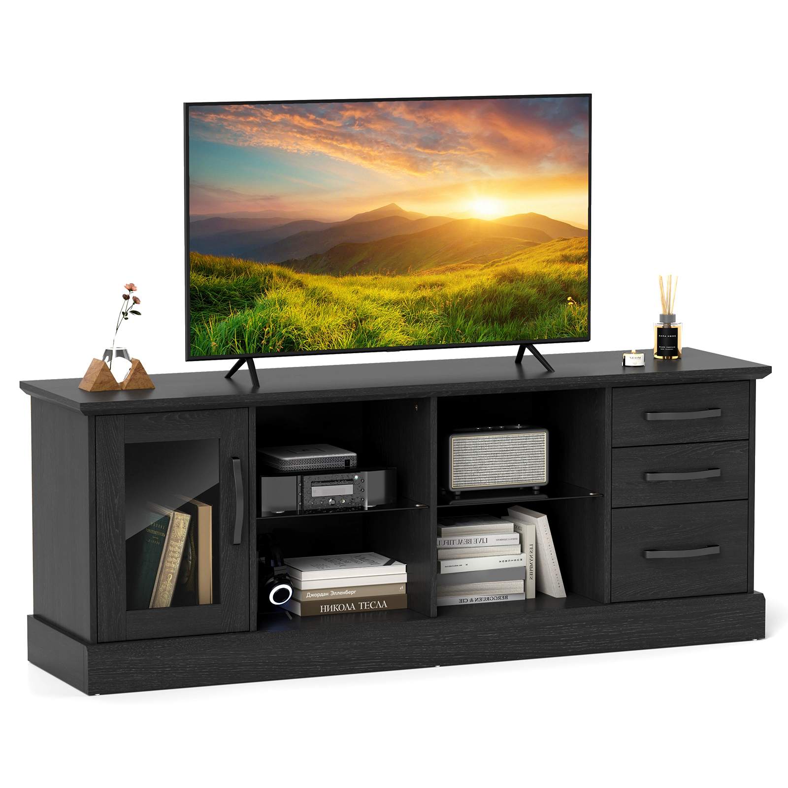 LJG 63 Inches Media Console Table with 3 Drawers and 2 Glass Shelves