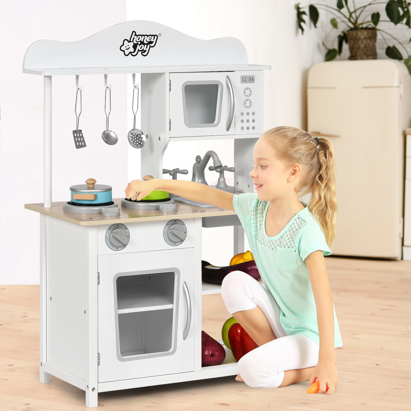 LJG Wooden Pretend Play Kitchen Set for Kids with Accessories and Sink