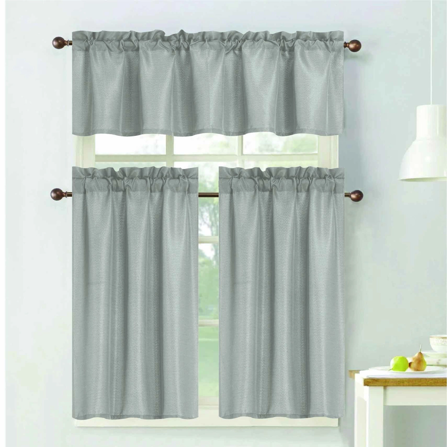 RT Designers Collection 100% Polyester Gibson Solid 3 Piece Kitchen Curtains Valance & Tiers Set 54" x 18" Silver