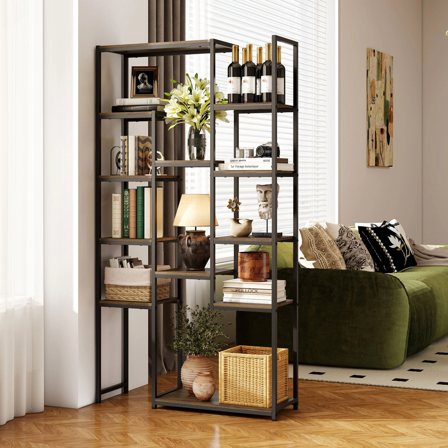 SlickBlue Modern 12-Shelf Walnut Bookcase with Open Storage