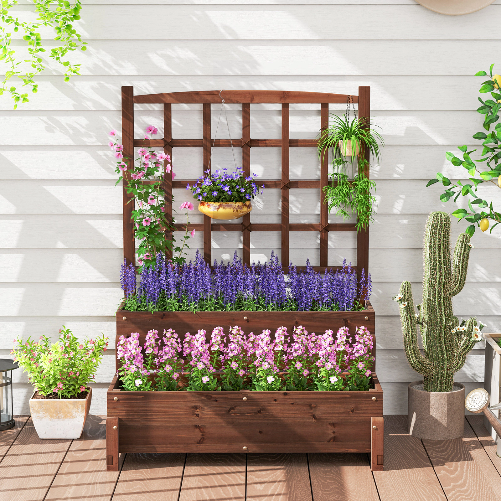 SlickBlue 2 Tier Wooden Garden Planter Box for Flowers Vegetables Herbs