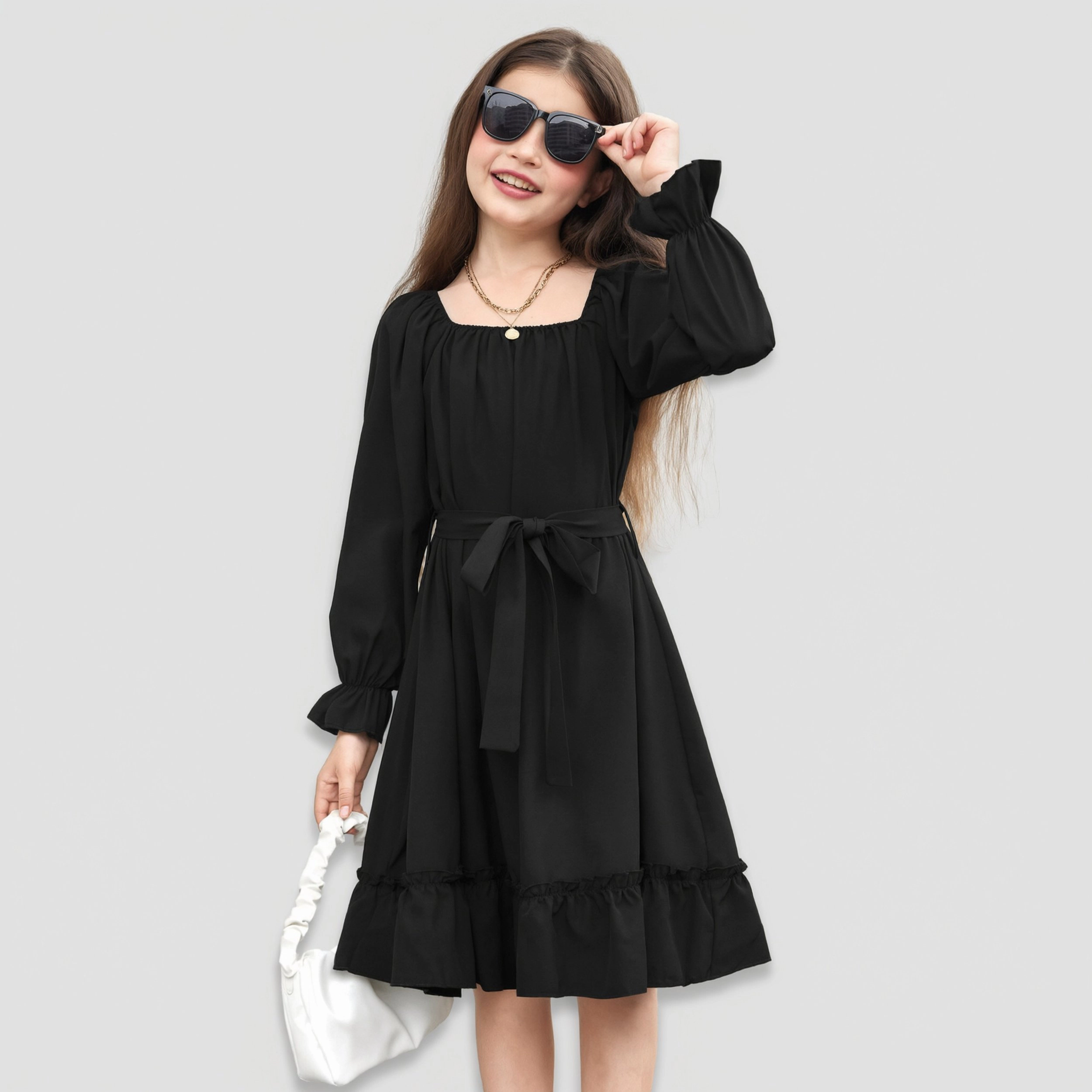 Arshiner Girls Long Sleeve Dresses Fall Party Formal Holiday Swing Flowy Ruffle Midi Dress