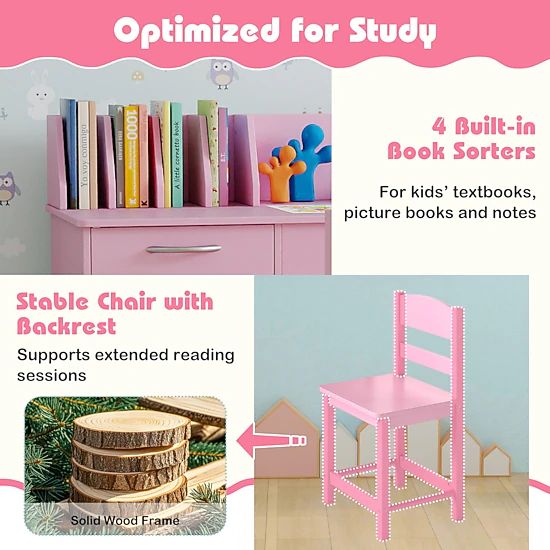 SUGIFT Pink 4 Book Sorters and Drawer Wooden Kids Study Desk and Chair Set