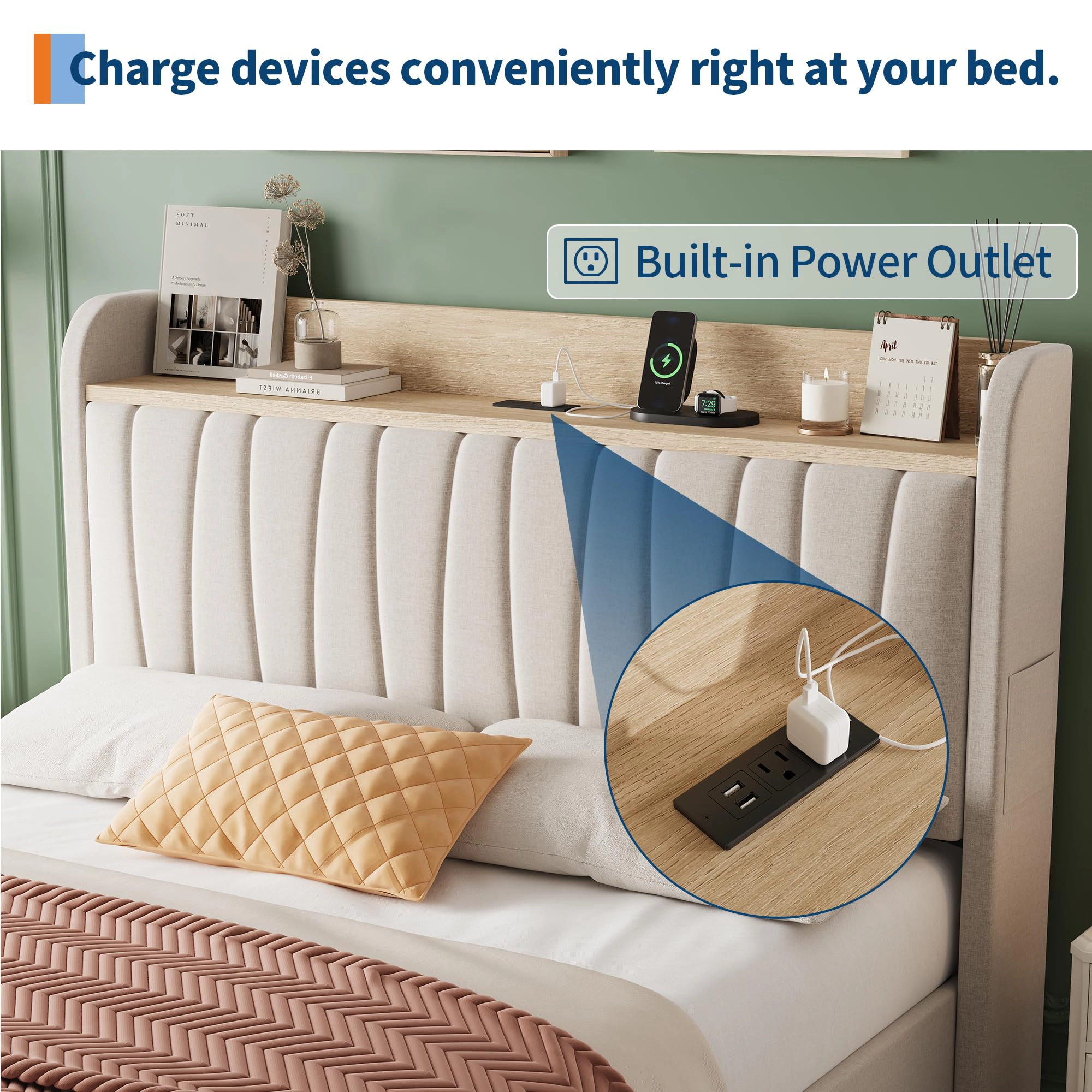 BebreezChic Upholstered Platform Bed Frame with Storage Headboard, Charging Station and Drawers