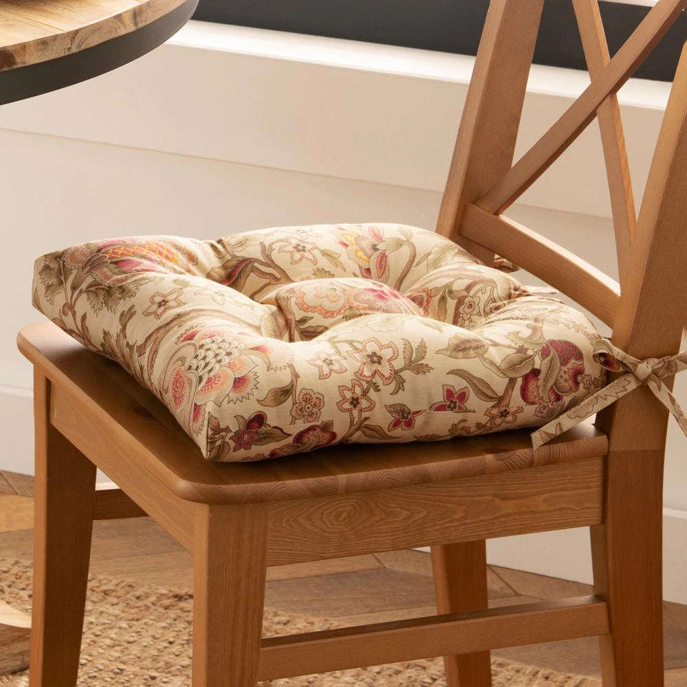 Ellis Curtain Regency Jacobean Floral Soft Reversible Chair Polyester Fill Cushions Pad 15"x14" Antique