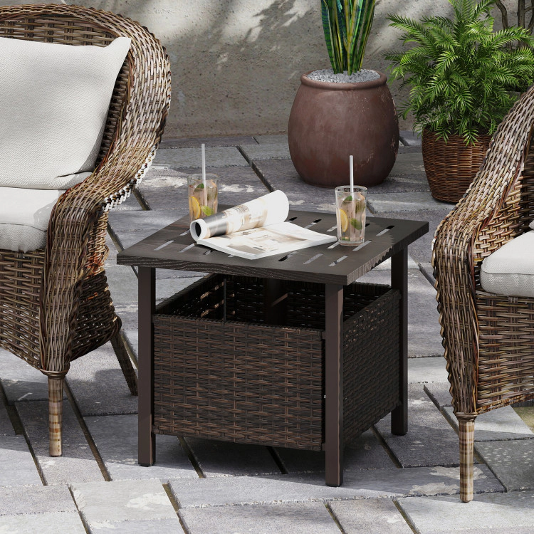 Hivvago Outdoor Side Table All-Weather Pe Wicker Patio Table With Umbrella Hole-Brown
