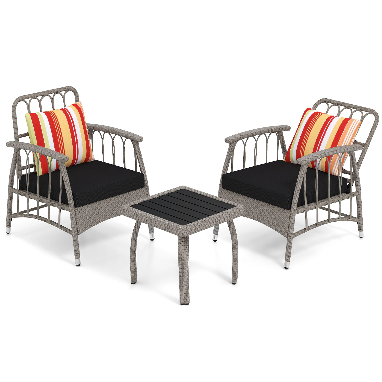 SUGIFT 5-Level Adjustable Backrest Chairs 3-Piece Gray Patio PE Wicker Set