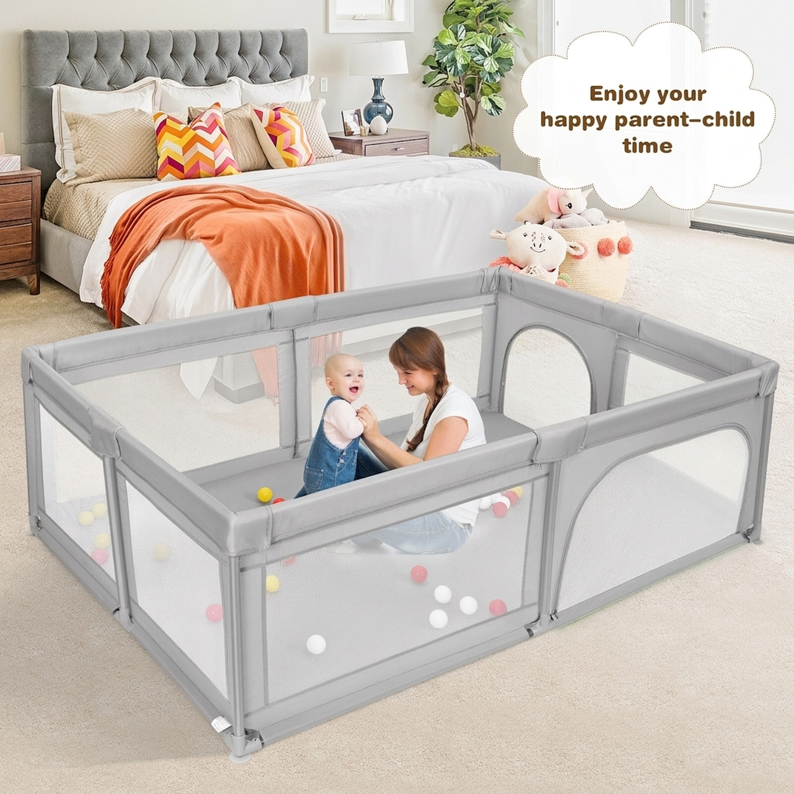 SUGIFT 81-in Extra Large Baby Safety Fence with 360-Degree View 27-in Standing Panels and 50 Ocean Balls