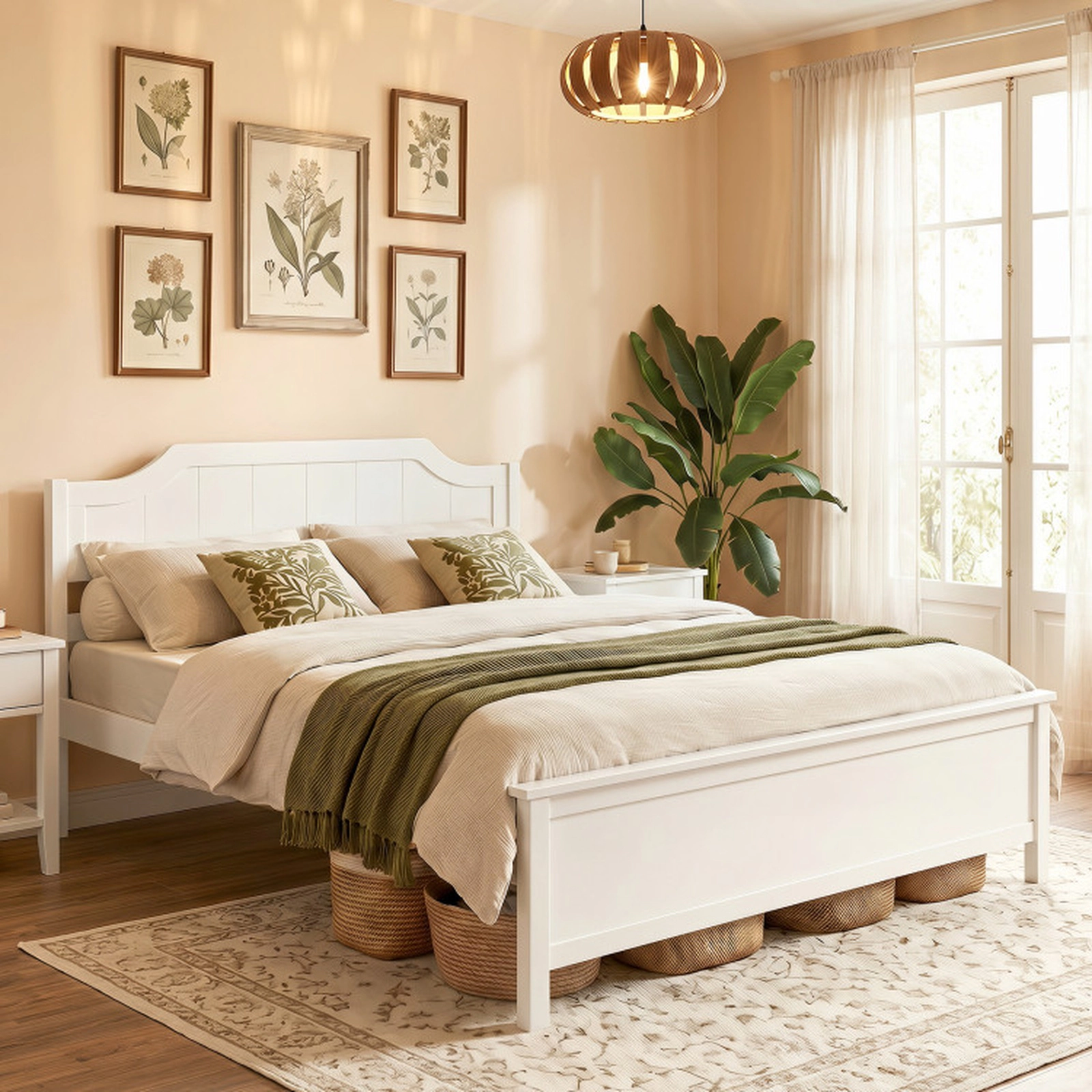 SUGIFT Queen Size Solid Pine Wood Panel Headboard Platform Bed Frame 84-in x 64.5-in x 39-in 440-lb Capacity White
