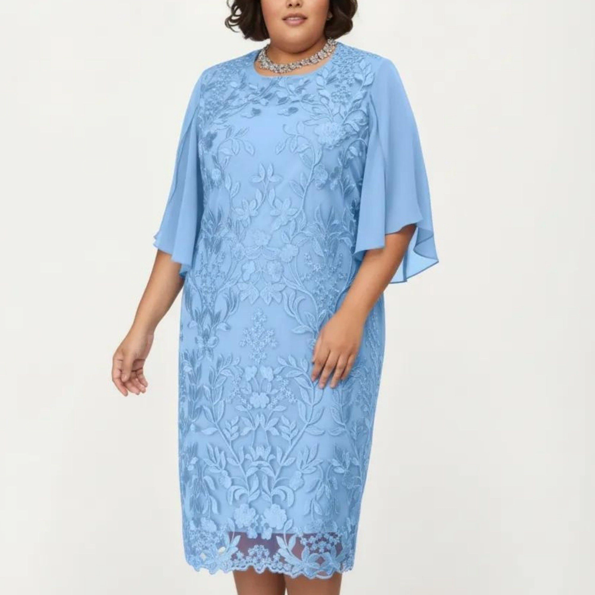 Anna-Kaci Women's Plus Size Lace Sheer Overlay Short Sleeve Loose Fit Elegant Knee Length Midi Dress