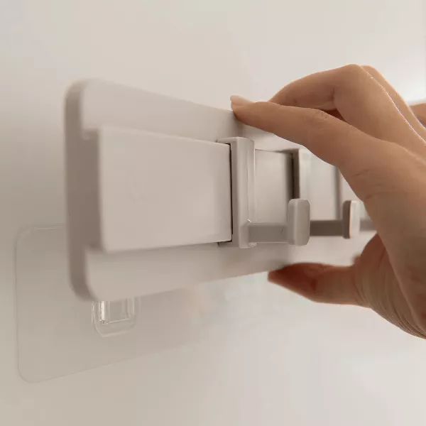 OU Wall Mounted Hook Rack, Multipurpose Self Adhesive Rack w/ 4 Adjustable Sliding Hooks, Laundry & Kitchen Organization