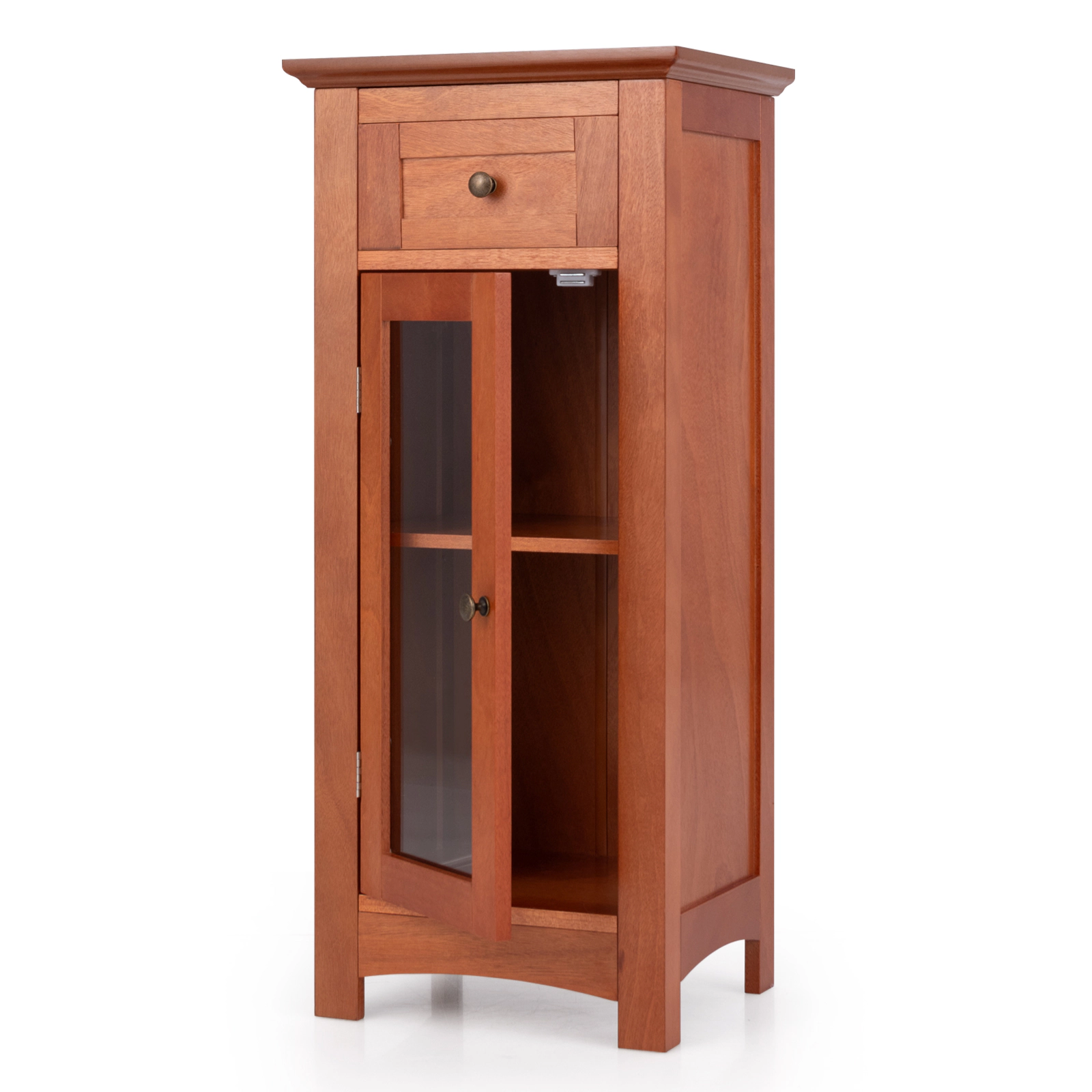 Slickblue Bathroom Floor Storage Cabinet Brown MDF Glass Door Drawer Adjustable Shelf