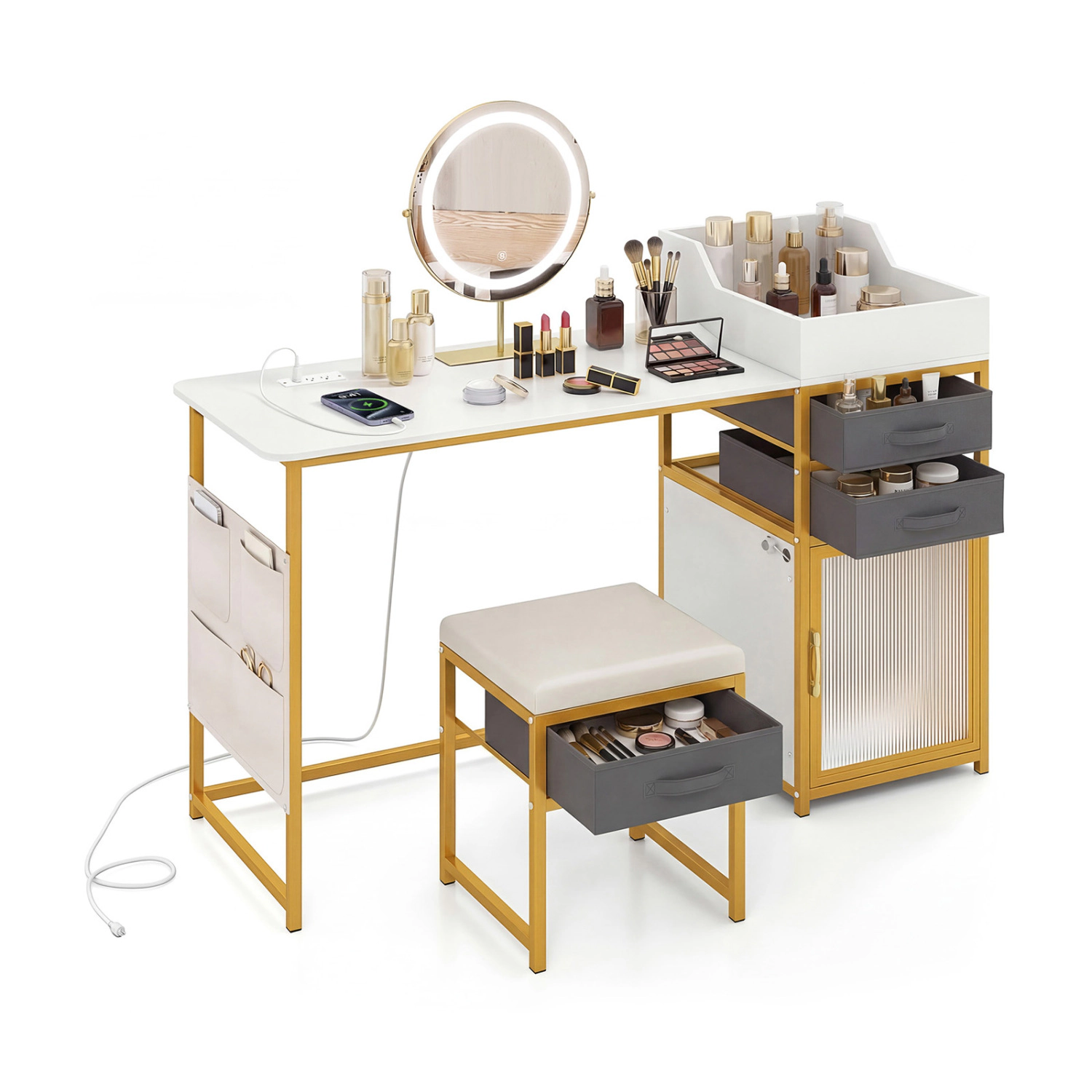 LJG Vanity Desk with Rotatable Lighted Mirror 55 Inch Makeup Vanity Table
